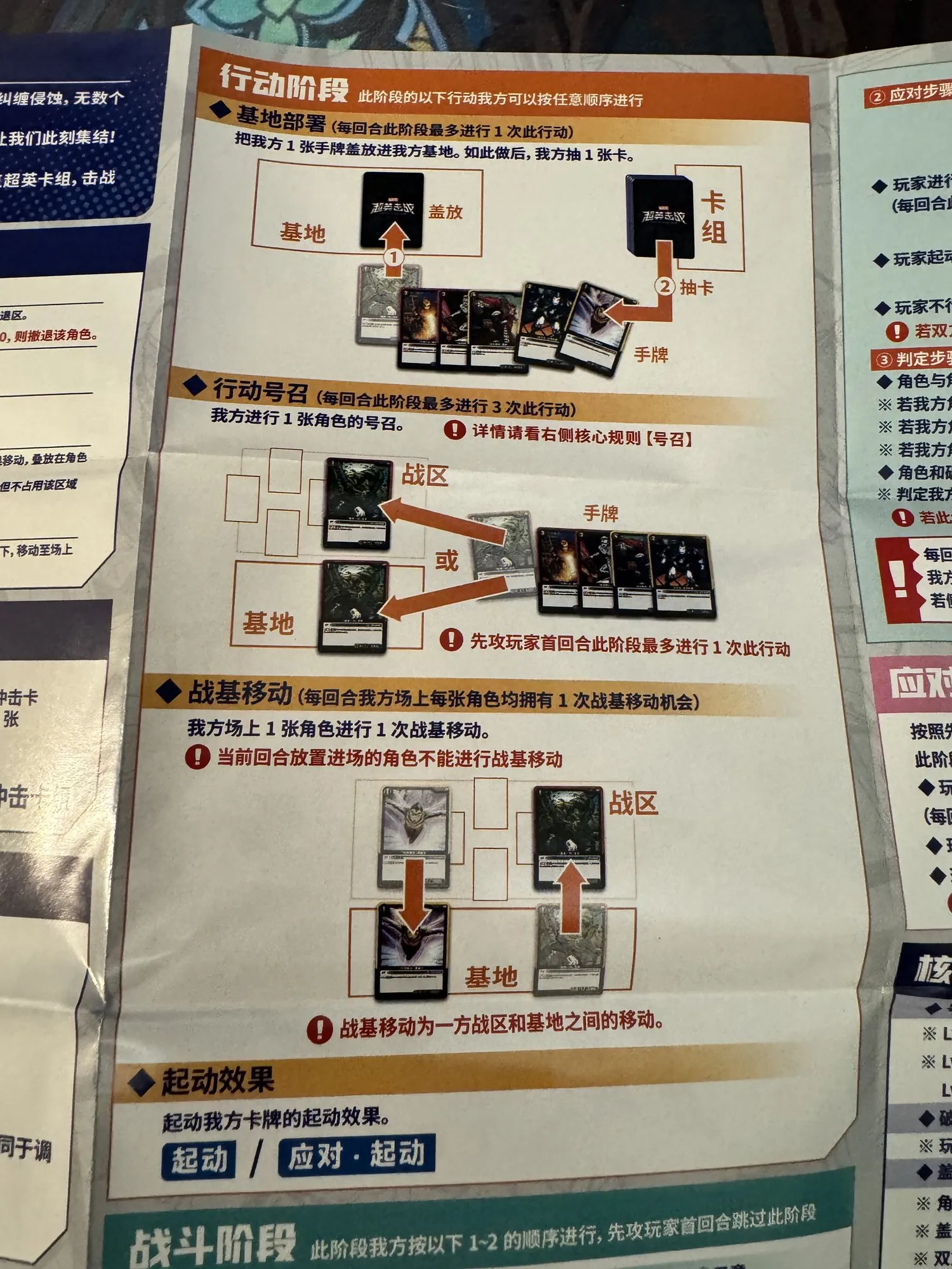 The Action Phase page of the Marvel Hero Rush rulebook, showing base deployment, summoning and battle-base movement