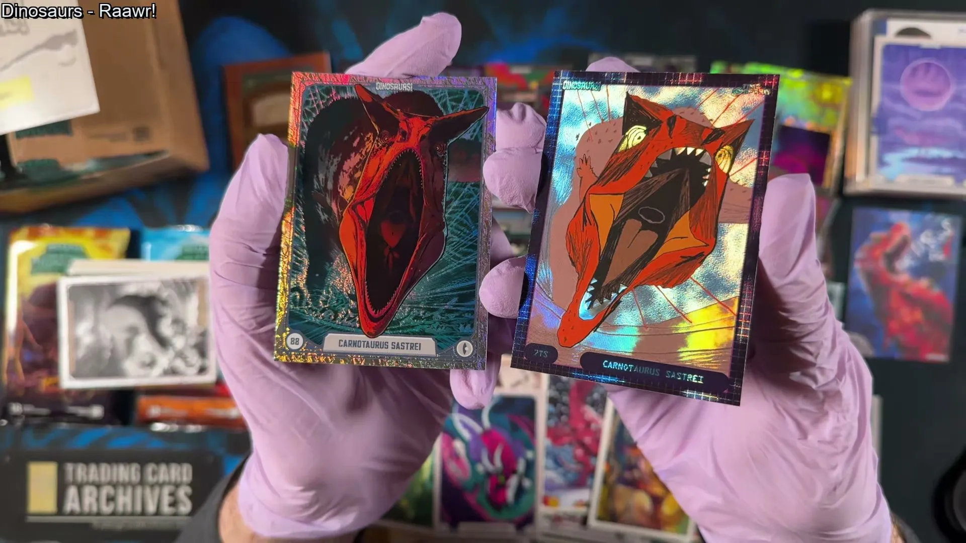 The base Carnotaurus sastrei card next to its Time Shifted version, same animal in a different era's style