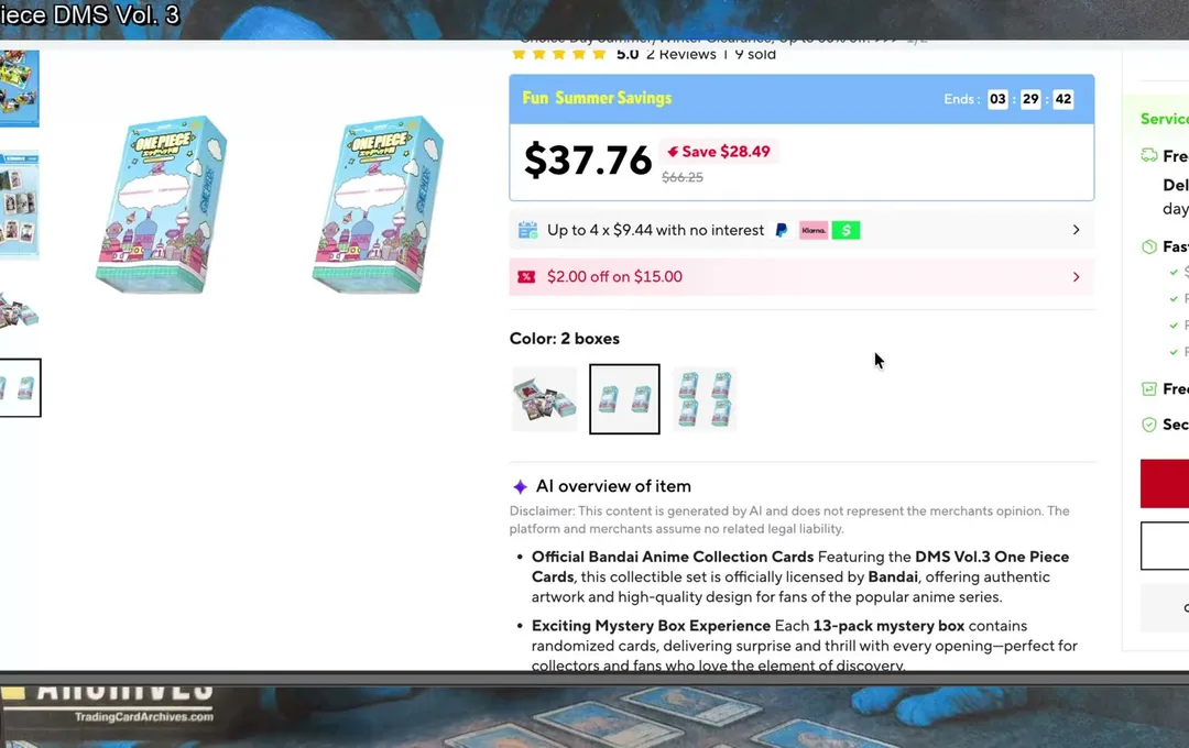 The AliExpress listing for One Piece DMS Vol. 3, whose AI-generated overview claims the set is officially licensed by Bandai.