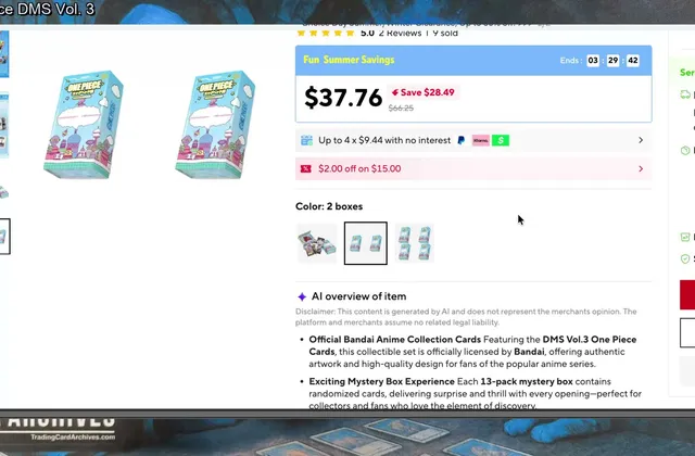 The AliExpress listing for One Piece DMS Vol. 3, whose AI-generated overview claims the set is officially licensed by Bandai.