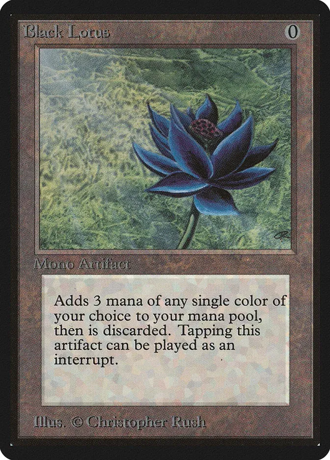 A proxy Black Lotus compared against the real Scryfall scan, showing the giveaway white semicircles at the corners.