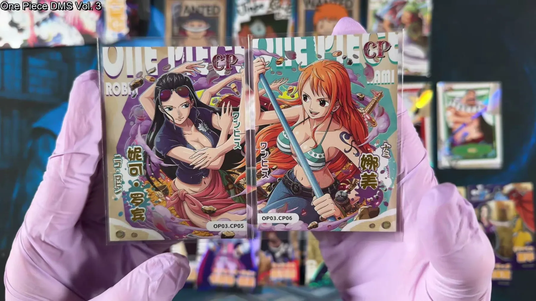 Nico Robin and Nami CP cards from One Piece DMS Vol. 3, held side by side so the artwork connects across both.