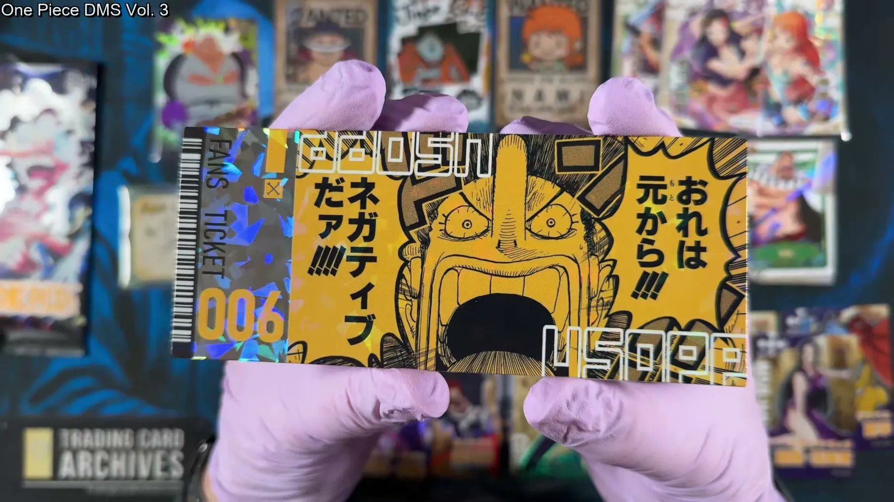 An oversized holographic FANS TICKET card of Usopp mid-scream from One Piece DMS Vol. 3.