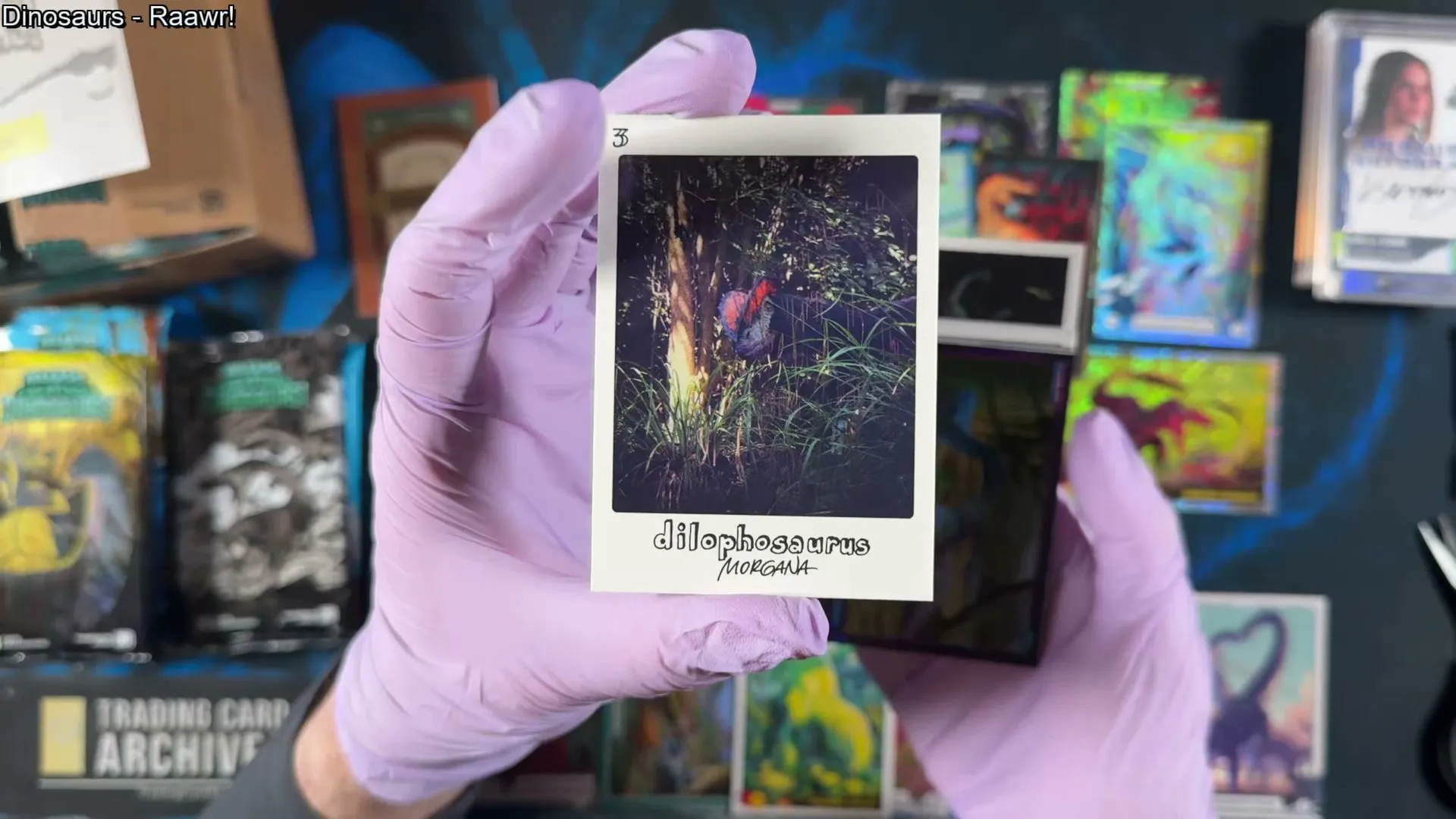 A Safari card: a photograph of a 1:1 scale Dilophosaurus model in real undergrowth, hand-lettered