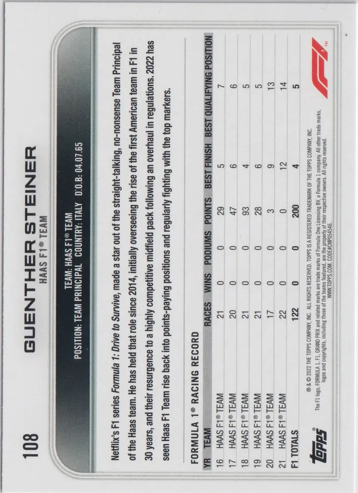 Topps F1 Flagship 2022, Guenther Steiner 108 view 2