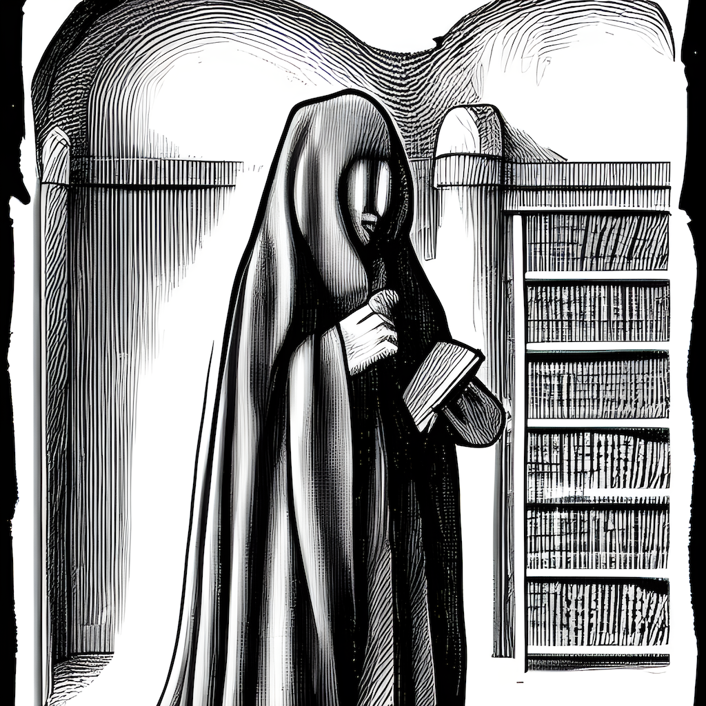 Black and white drawing of a monk in a library