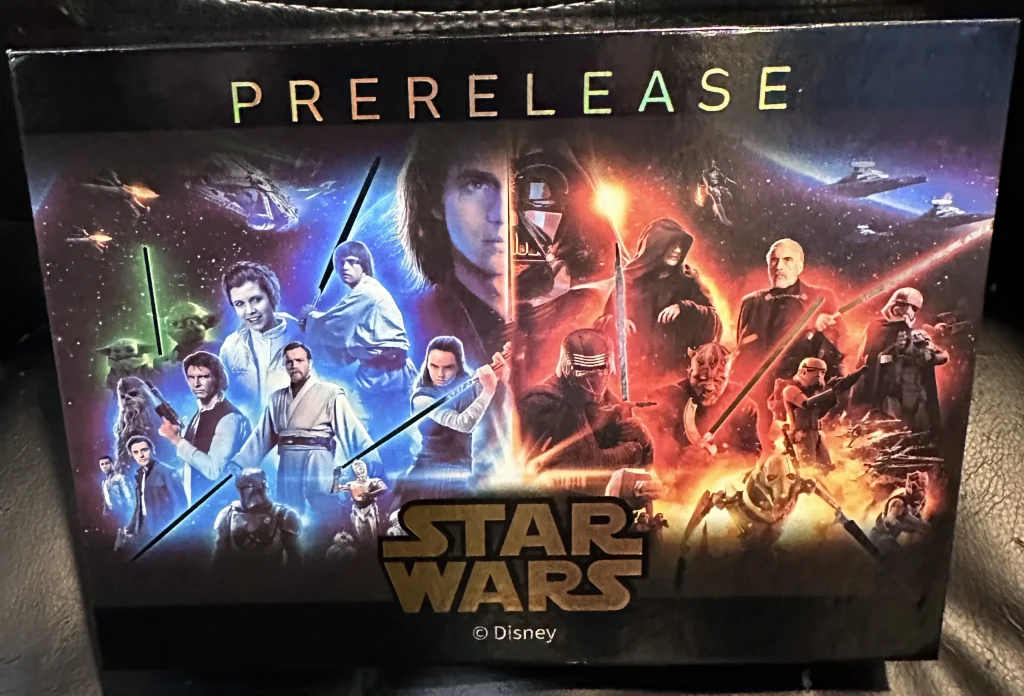 The front of this box of Star Wars pre release cards, this is the 2023 trading cards set by Step Inn Games.