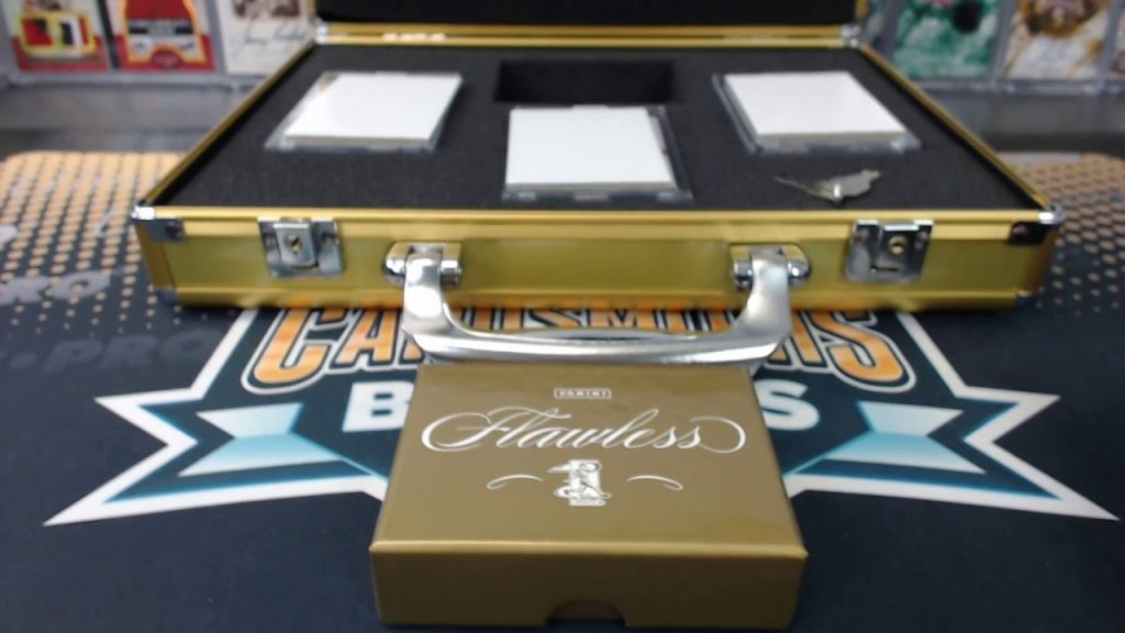 A picture of a briefcase containing a set of Panini's flawless trading cards, these cost many thousands of dollars