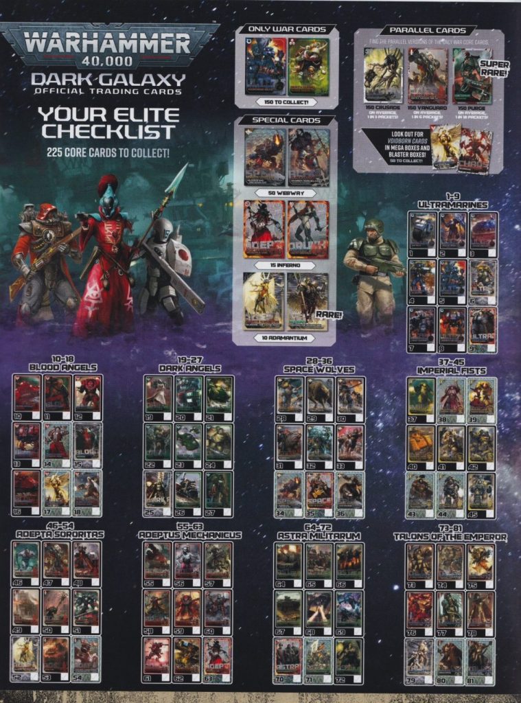 Left side of the set flier for Dark Galaxy Warhammer 40k trading cards, this explains the entire set and all the inserts.