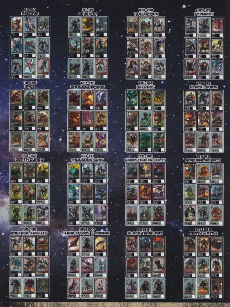The right side of the set list for Dark Galaxy Warhammer 40k trading cards by panini