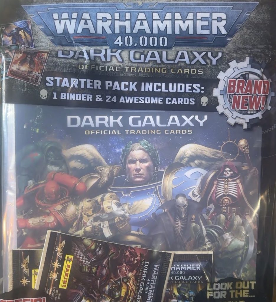 The packaging for the starter set of Dark Galaxy Warhammer 40k trading cards by panini.