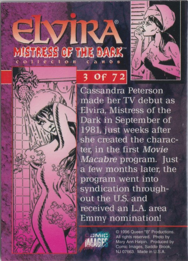 Elvira 3 of 72 back of the trading card from her Mistress of the Dark set released by Comic Images in 1996