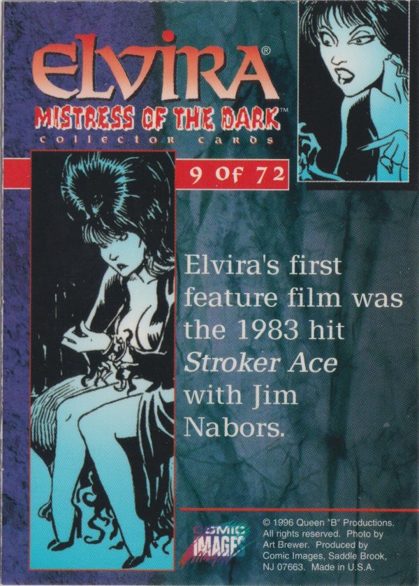 Elvira 9 of 72 back of the trading card from her Mistress of the Dark set released by Comic Images in 1996