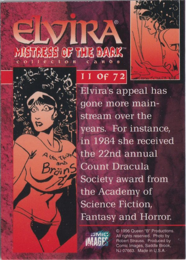 Elvira 11 of 72 back of the trading card from her Mistress of the Dark set released by Comic Images in 1996