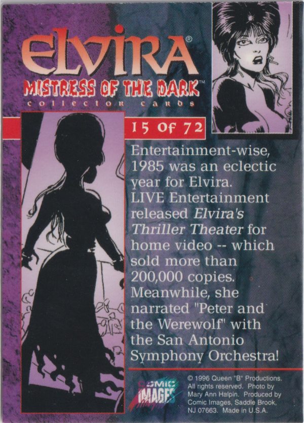 Elvira 15 of 72 back of the trading card from her Mistress of the Dark set released by Comic Images in 1996