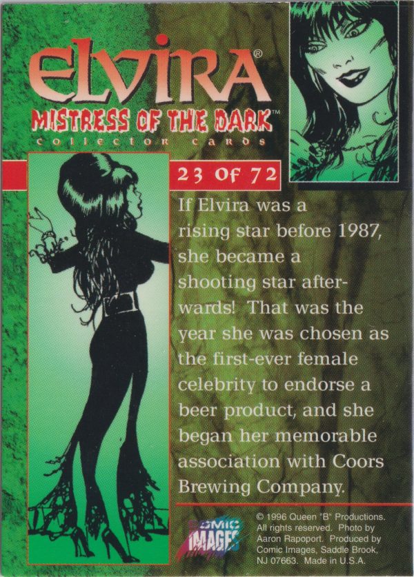 Elvira 23 of 72 back of the trading card from her Mistress of the Dark set released by Comic Images in 1996