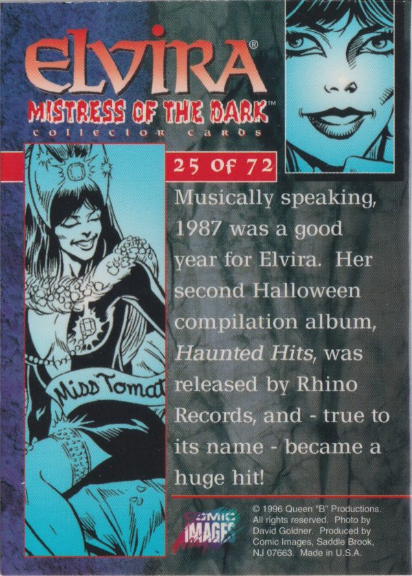 Elvira 25 of 72 back of the trading card from her Mistress of the Dark set released by Comic Images in 1996