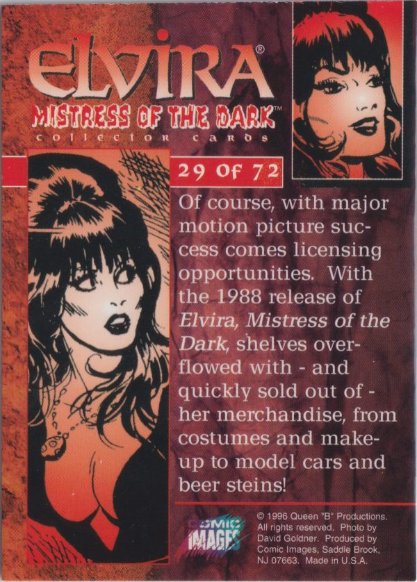 Elvira 29 of 72 back of the trading card from her Mistress of the Dark set released by Comic Images in 1996