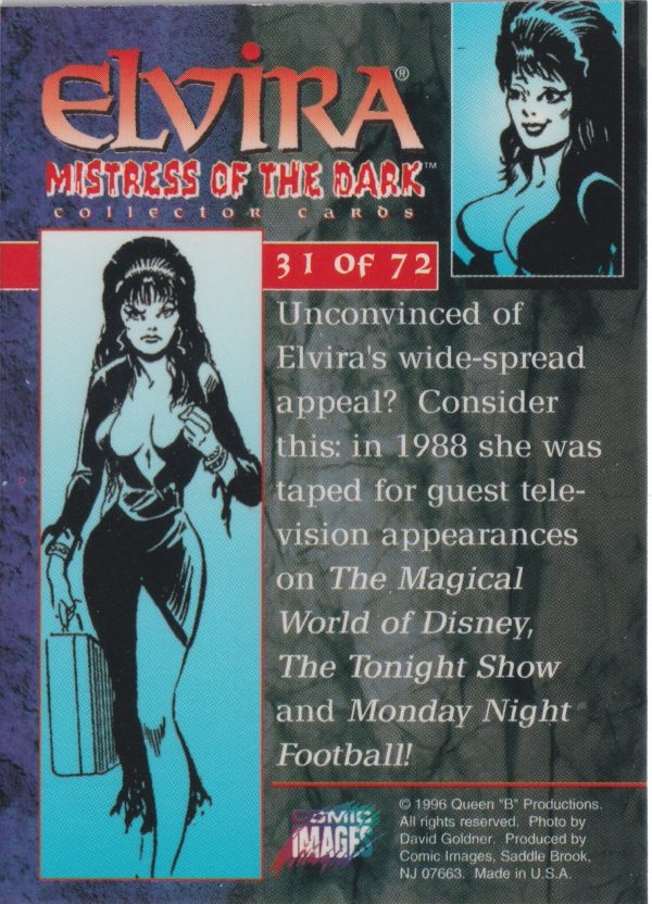 Elvira 31 of 72 back of the trading card from her Mistress of the Dark set released by Comic Images in 1996