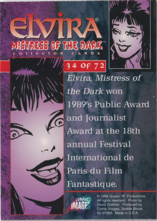 Elvira 34 of 72 back of the trading card from her Mistress of the Dark set released by Comic Images in 1996