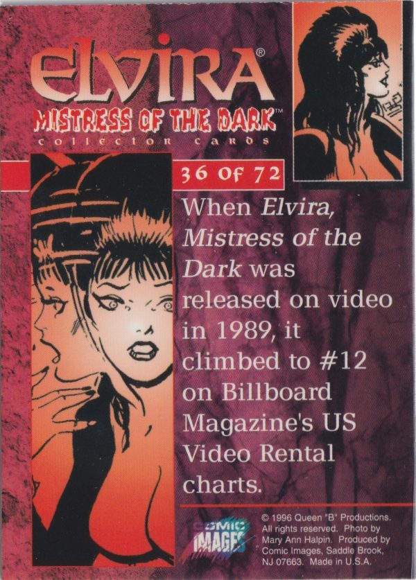 Elvira 36 of 72 back of the trading card from her Mistress of the Dark set released by Comic Images in 1996