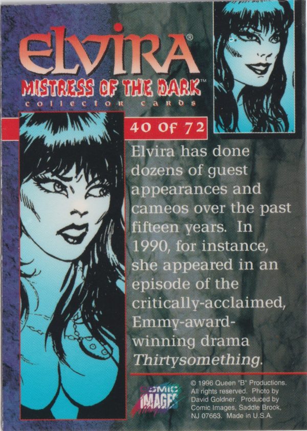 Elvira 40 of 72 back of the trading card from her Mistress of the Dark set released by Comic Images in 1996