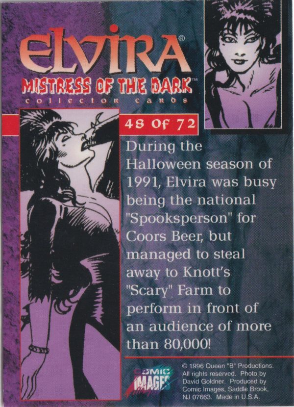 Elvira 48 of 72 back of the trading card from her Mistress of the Dark set released by Comic Images in 1996