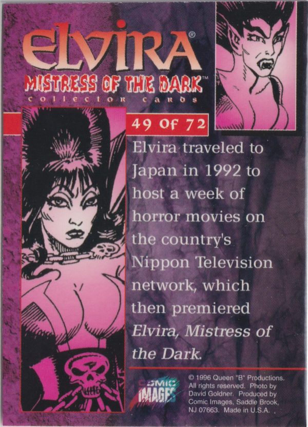 Elvira 49 of 72 back of the trading card from her Mistress of the Dark set released by Comic Images in 1996