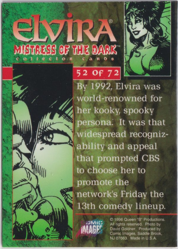 Elvira 52 of 72 back of the trading card from her Mistress of the Dark set released by Comic Images in 1996