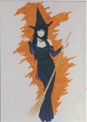 Elvira 56 of 72 front of the trading card from her Mistress of the Dark set released by Comic Images in 1996
