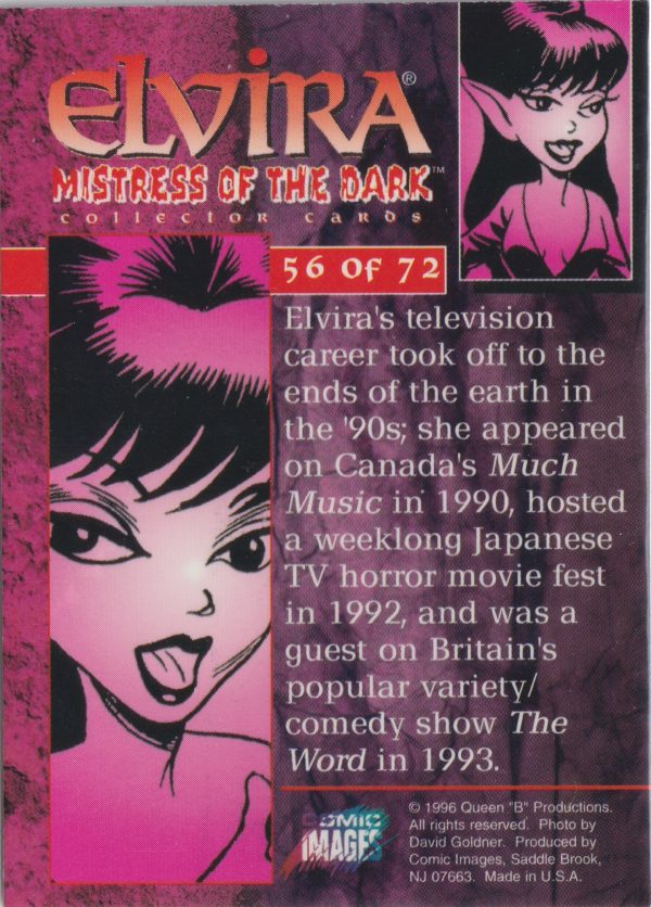 Elvira 56 of 72 back of the trading card from her Mistress of the Dark set released by Comic Images in 1996
