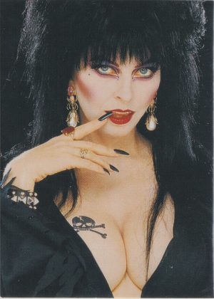 Elvira 57 of 72 front of the trading card from her Mistress of the Dark set released by Comic Images in 1996