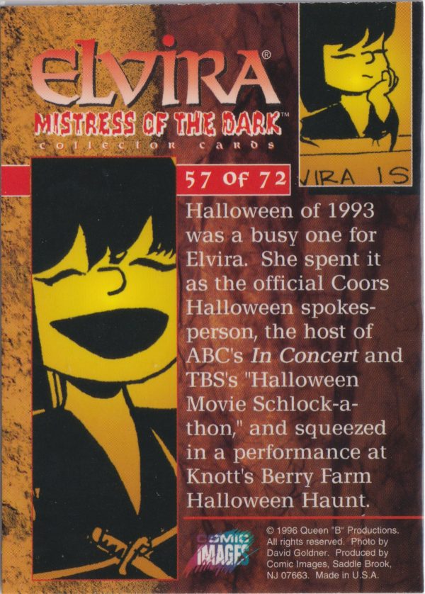 Elvira 57 of 72 back of the trading card from her Mistress of the Dark set released by Comic Images in 1996