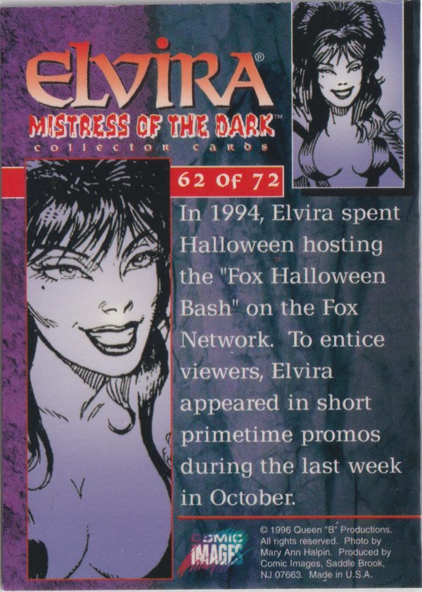Elvira 62 of 72 back of the trading card from her Mistress of the Dark set released by Comic Images in 1996