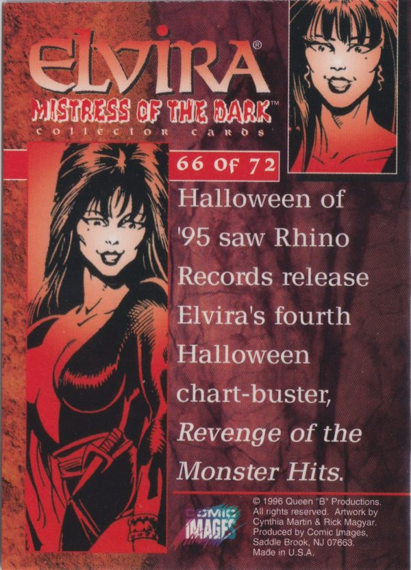 Elvira 66 of 72 back of the trading card from her Mistress of the Dark set released by Comic Images in 1996