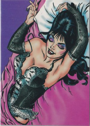 Elvira 67 of 72 front of the trading card from her Mistress of the Dark set released by Comic Images in 1996