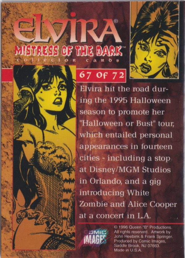Elvira 67 of 72 back of the trading card from her Mistress of the Dark set released by Comic Images in 1996