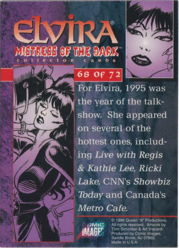 Elvira 68 of 72 back of the trading card from her Mistress of the Dark set released by Comic Images in 1996