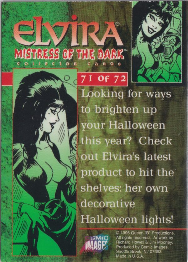 Elvira71 of 72 back of the trading card from her Mistress of the Dark set released by Comic Images in 1996