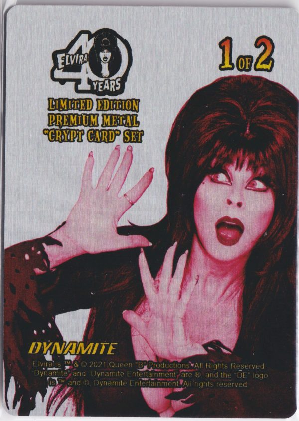 back of card 1 from Dynamite Entertainments Elvira Metal Crypt card set