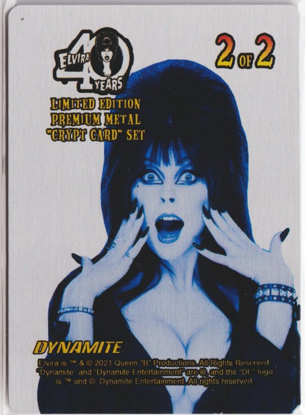 back of card 2 from Dynamite Entertainments Elvira Metal Crypt card set