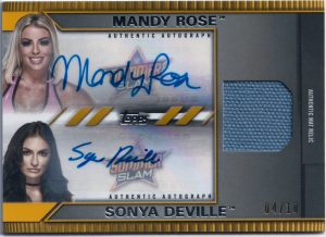 a dual relic auto trading card features Mandy Rose and Sonya Deville