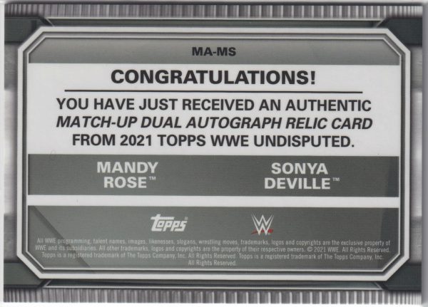 back of a dual relic auto trading card features Mandy Rose and Sonya Deville