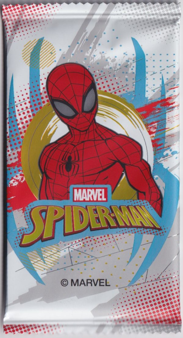 Front of a pack of Spiderman 60th Anniversary trading cards by Zhenka