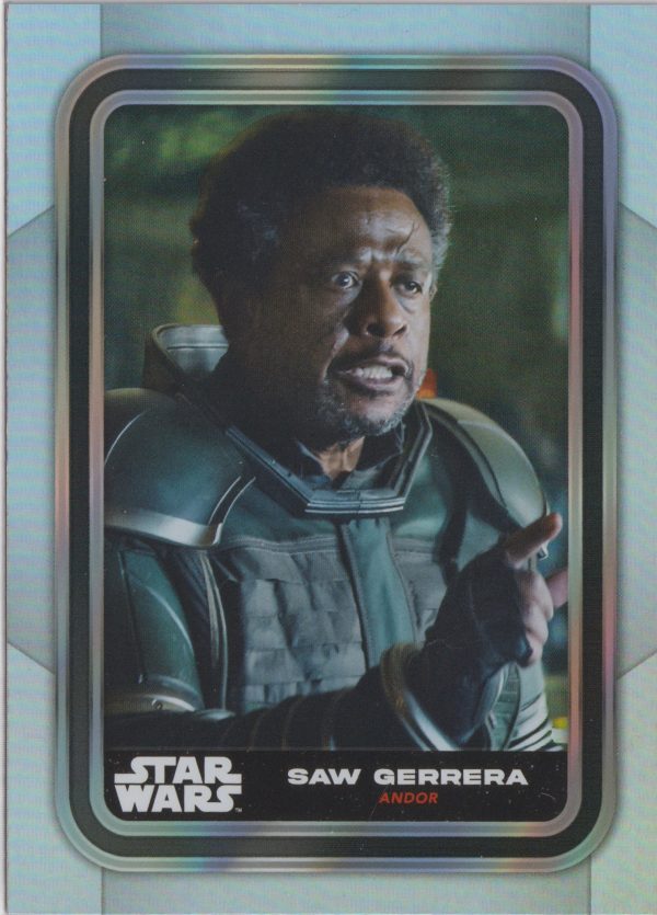 Saw Gerrera card 17 from Topps' 2023 Flagship trading cards set. This is the low-end retail offering, it still has many parallels, insert sets and a full suite of rare autographed chase cards.