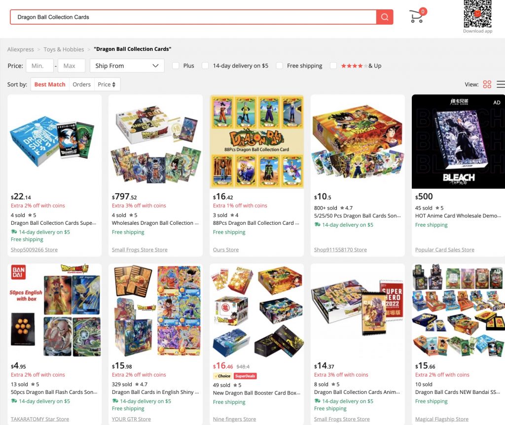 Screenshot of me searching for AliExpress trading cards featuring dragon ball