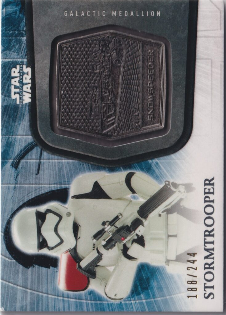 A manufactured metal medalion embedded in a trading card from The Force Awakens 2nd series trading cards by Topps. This card is limited to 244 and features a Stormtrooper.