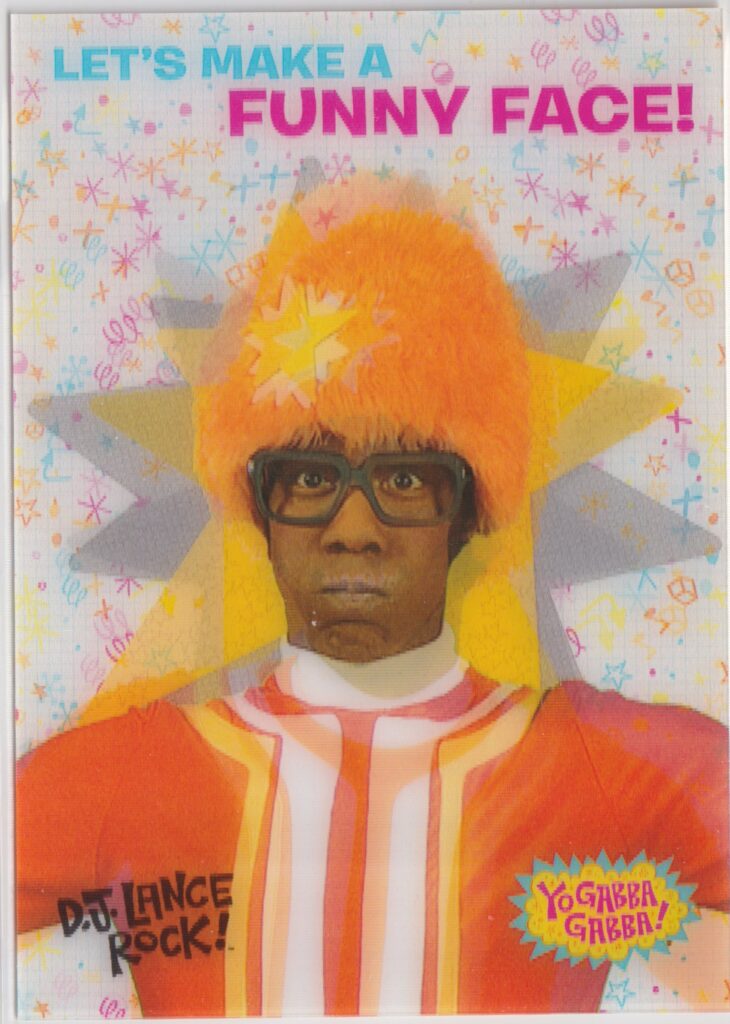 A trading card featuring DJ Lance Rock from Yo Gabba Gabba by PressPass. This card animated between two images when moved.