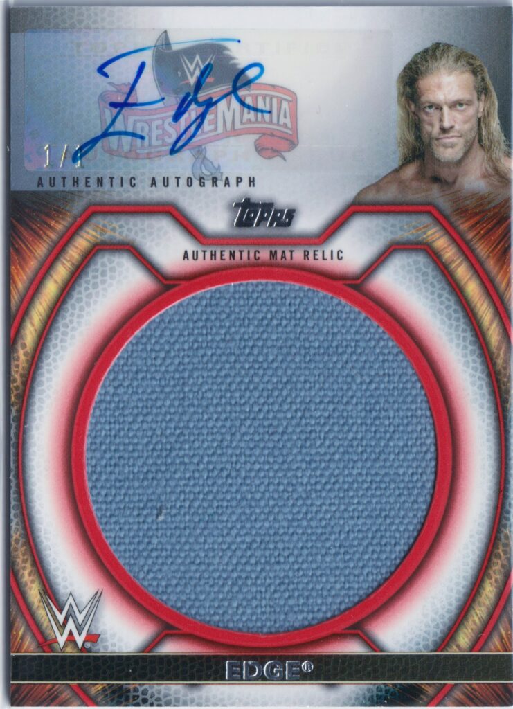 A relic trading card with a  piece of a wrestling mat embedded into it. It features an autograph of Edge and is the 1/1 variant from Topps Undisputed 2021